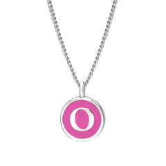 Rhodium Finish Sterling Silver Pink Enamel Initial Necklace on 18" Curb Chain - O