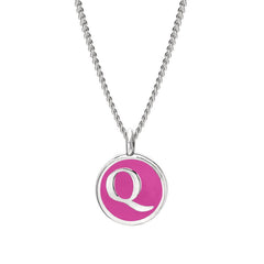 Rhodium Finish Sterling Silver Pink Enamel Initial Necklace on 18" Curb Chain - Q