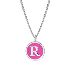 Rhodium Finish Sterling Silver Pink Enamel Initial Necklace on 18" Curb Chain - R