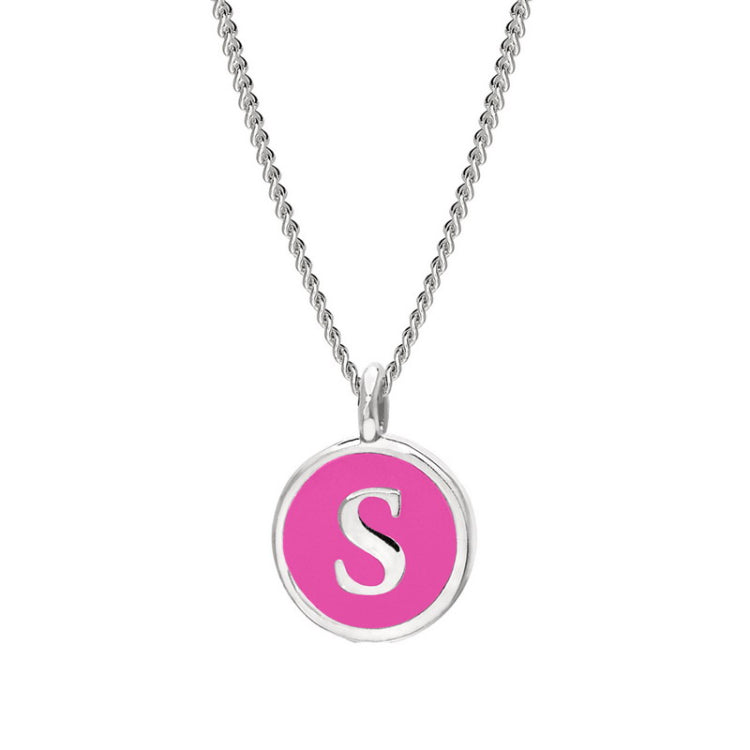 Rhodium Finish Sterling Silver Pink Enamel Initial Necklace on 18" Curb Chain - S