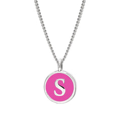 Rhodium Finish Sterling Silver Pink Enamel Initial Necklace on 18" Curb Chain - S