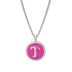 Rhodium Finish Sterling Silver Pink Enamel Initial Necklace on 18" Curb Chain - T