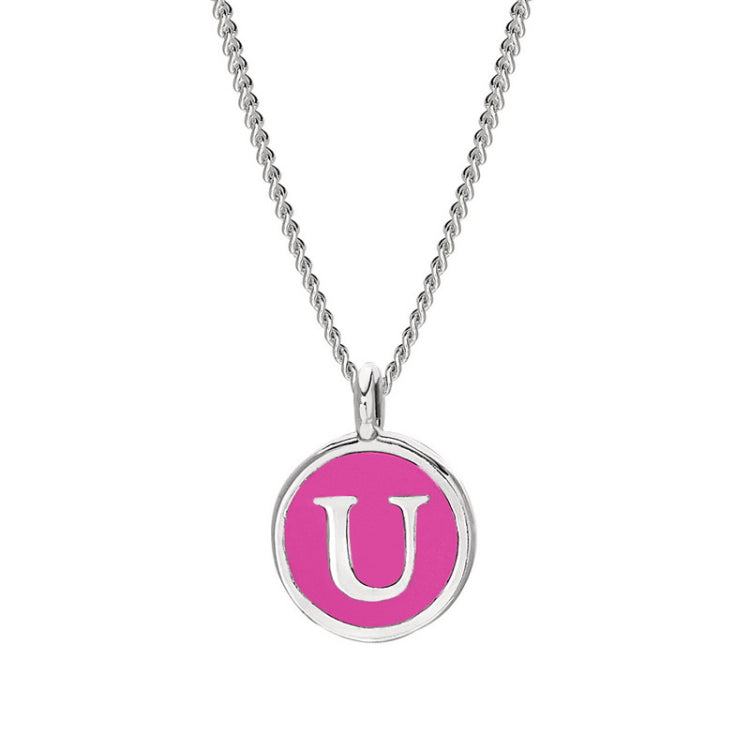 Rhodium Finish Sterling Silver Pink Enamel Initial Necklace on 18" Curb Chain - U