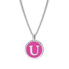 Rhodium Finish Sterling Silver Pink Enamel Initial Necklace on 18" Curb Chain - U