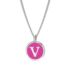 Rhodium Finish Sterling Silver Pink Enamel Initial Necklace on 18" Curb Chain - V
