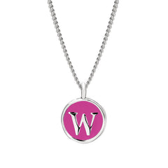 Rhodium Finish Sterling Silver Pink Enamel Initial Necklace on 18" Curb Chain - W