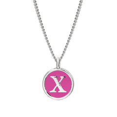 Rhodium Finish Sterling Silver Pink Enamel Initial Necklace on 18" Curb Chain - X