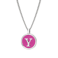 Rhodium Finish Sterling Silver Pink Enamel Initial Necklace on 18" Curb Chain - Y