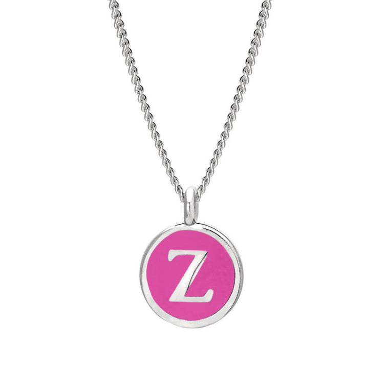 Rhodium Finish Sterling Silver Pink Enamel Initial Necklace on 18" Curb Chain - Z