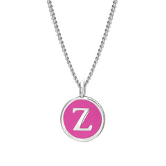 Rhodium Finish Sterling Silver Pink Enamel Initial Necklace on 18" Curb Chain - Z