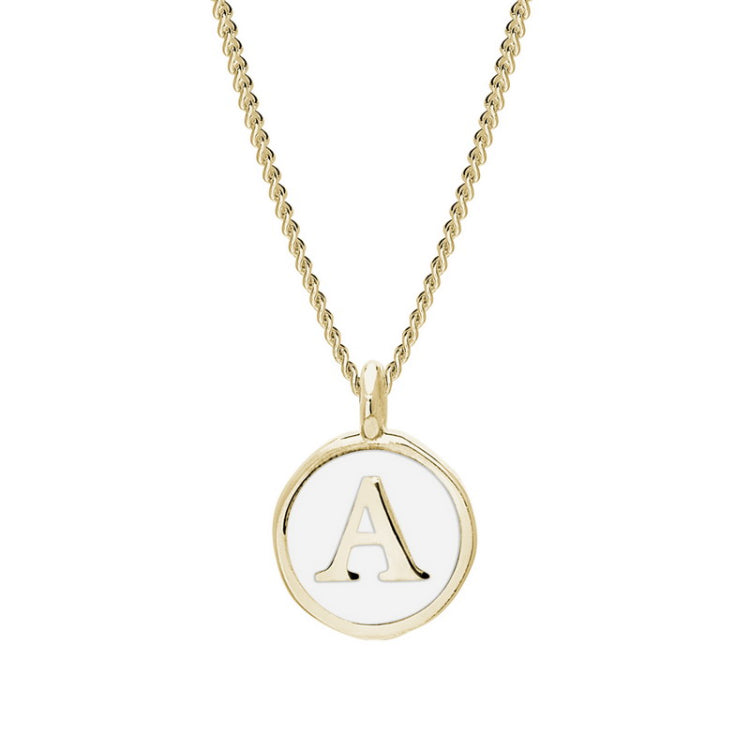 Gold Finish Sterling Silver White Enamel Initial Necklace on 18" Curb Chain - A