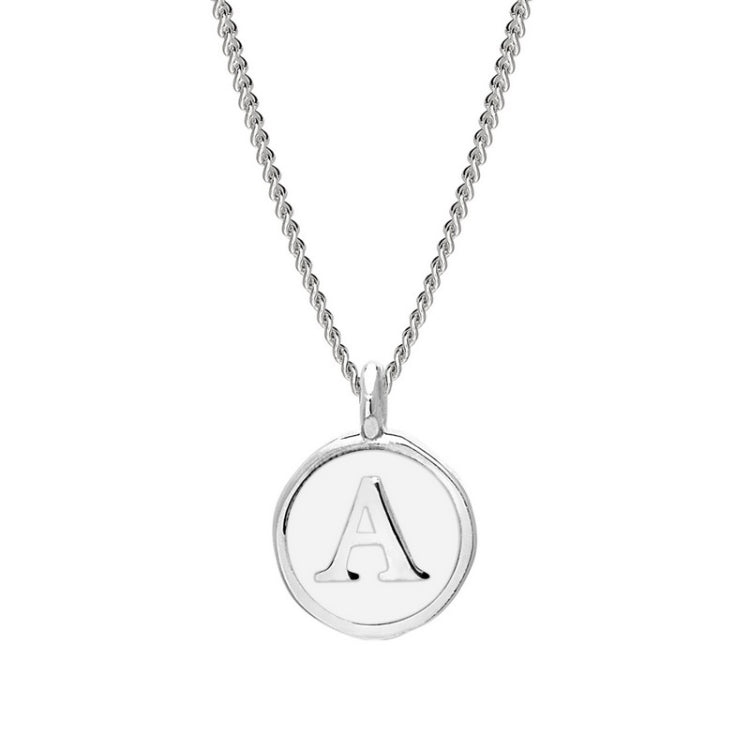 Rhodium Finish Sterling Silver White Enamel Initial Necklace on 18" Curb Chain - A