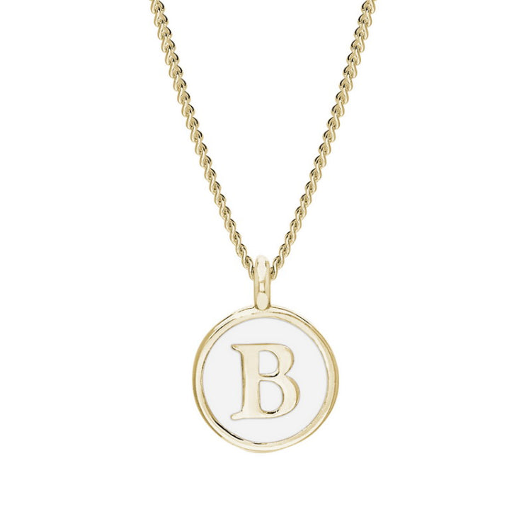 Gold Finish Sterling Silver White Enamel Initial Necklace on 18" Curb Chain - B