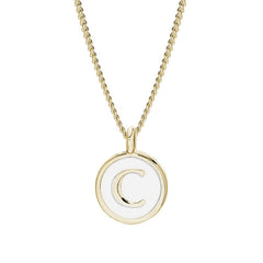Gold Finish Sterling Silver White Enamel Initial Necklace on 18" Curb Chain - C