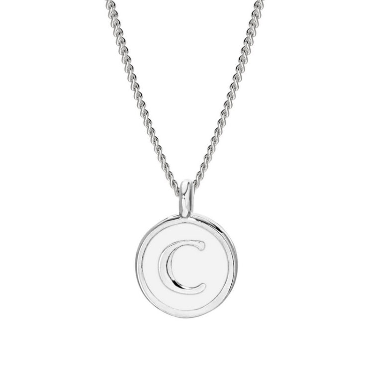 Rhodium Finish Sterling Silver White Enamel Initial Necklace on 18" Curb Chain - C