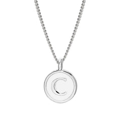 Rhodium Finish Sterling Silver White Enamel Initial Necklace on 18" Curb Chain - C