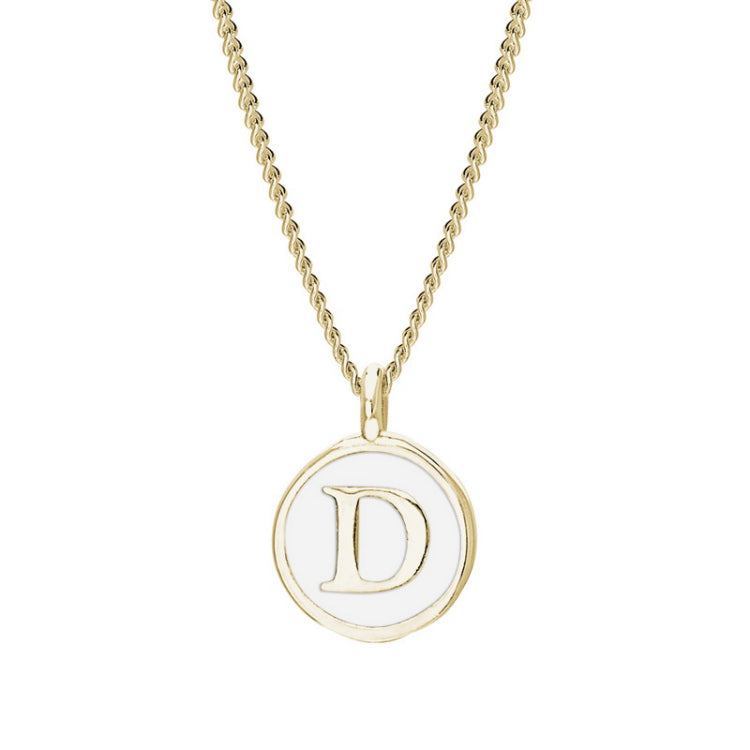 Gold Finish Sterling Silver White Enamel Initial Necklace on 18" Curb Chain - D
