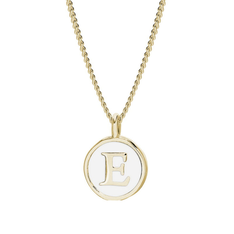 Gold Finish Sterling Silver White Enamel Initial Necklace on 18" Curb Chain - E