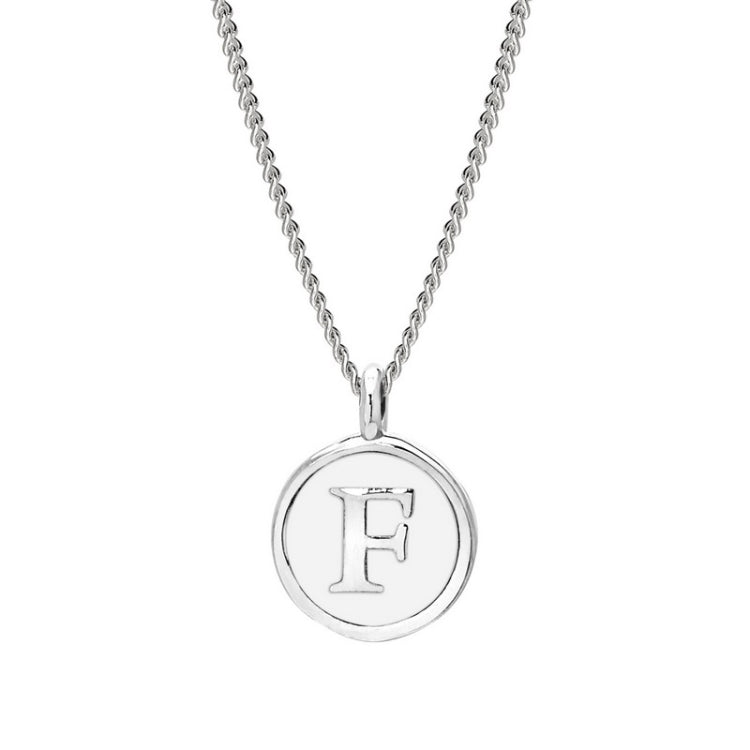 Rhodium Finish Sterling Silver White Enamel Initial Necklace on 18" Curb Chain - F