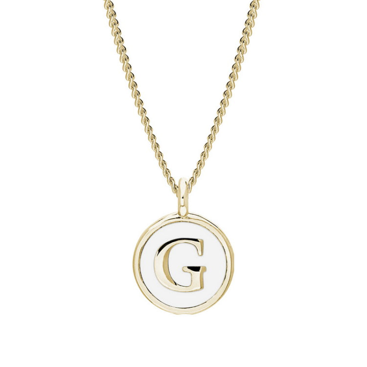 Gold Finish Sterling Silver White Enamel Initial Necklace on 18" Curb Chain - G