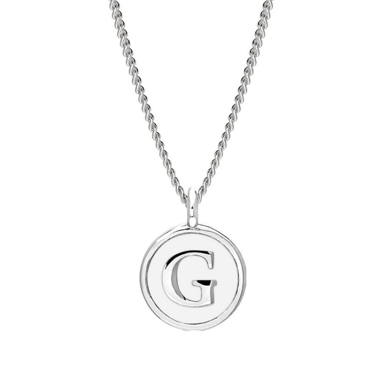 Rhodium Finish Sterling Silver White Enamel Initial Necklace on 18" Curb Chain - G
