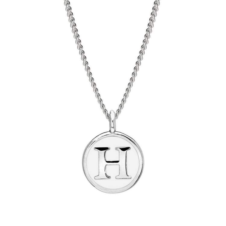 Rhodium Finish Sterling Silver White Enamel Initial Necklace on 18" Curb Chain - H