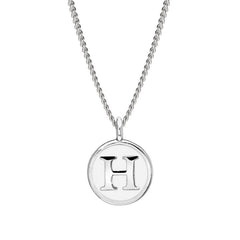 Rhodium Finish Sterling Silver White Enamel Initial Necklace on 18" Curb Chain - H