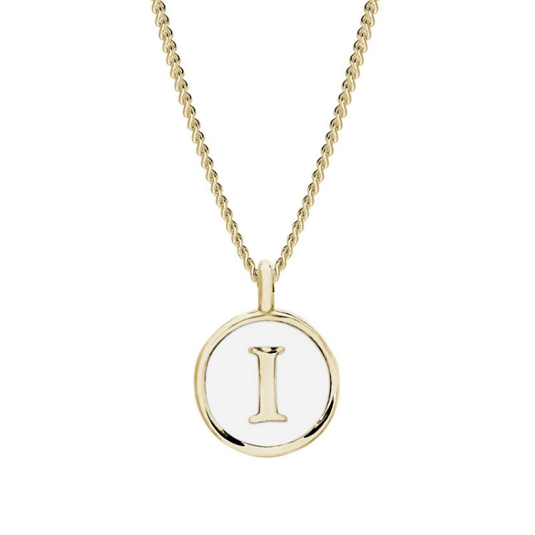 Gold Finish Sterling Silver White Enamel Initial Necklace on 18" Curb Chain - I