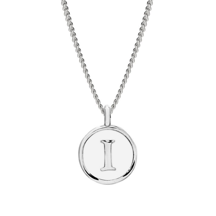 Rhodium Finish Sterling Silver White Enamel Initial Necklace on 18" Curb Chain - I