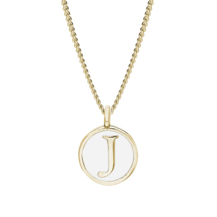 Gold Finish Sterling Silver White Enamel Initial Necklace on 18" Curb Chain - J