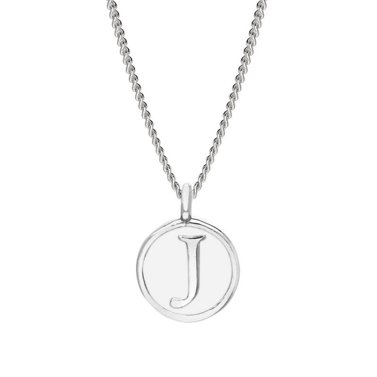 Rhodium Finish Sterling Silver White Enamel Initial Necklace on 18" Curb Chain - J