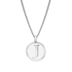 Rhodium Finish Sterling Silver White Enamel Initial Necklace on 18" Curb Chain - J