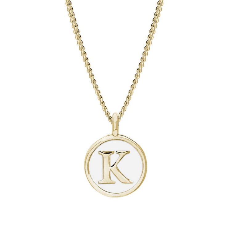 Gold Finish Sterling Silver White Enamel Initial Necklace on 18" Curb Chain - K