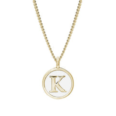 Gold Finish Sterling Silver White Enamel Initial Necklace on 18" Curb Chain - K