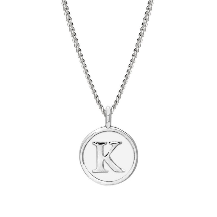 Rhodium Finish Sterling Silver White Enamel Initial Necklace on 18" Curb Chain - K