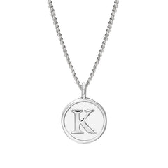 Rhodium Finish Sterling Silver White Enamel Initial Necklace on 18" Curb Chain - K