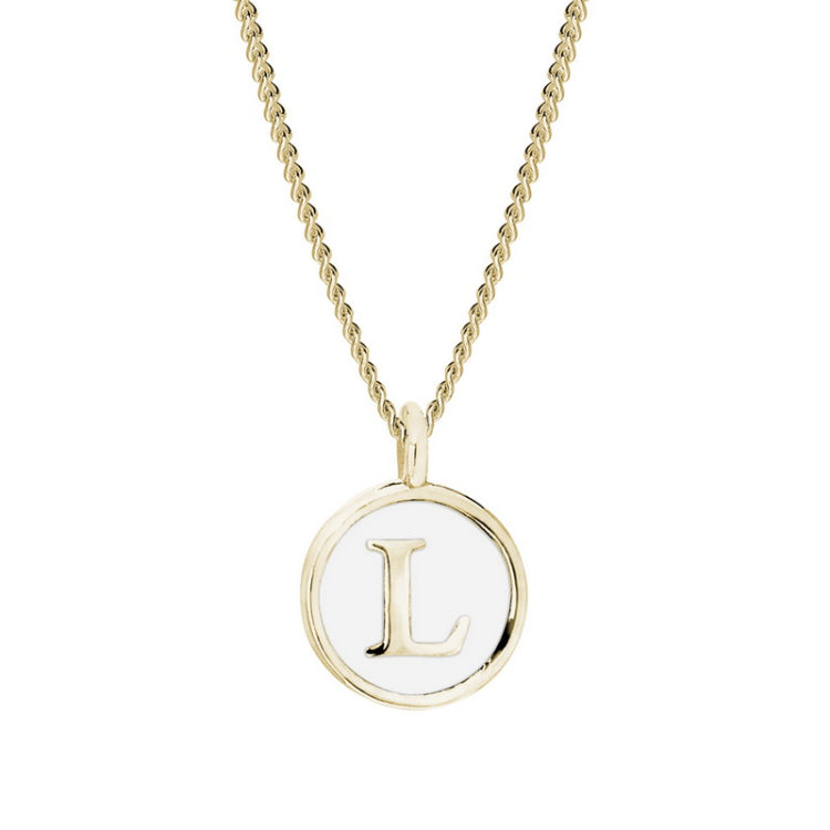 Gold Finish Sterling Silver White Enamel Initial Necklace on 18" Curb Chain - L