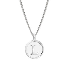 Rhodium Finish Sterling Silver White Enamel Initial Necklace on 18" Curb Chain - L
