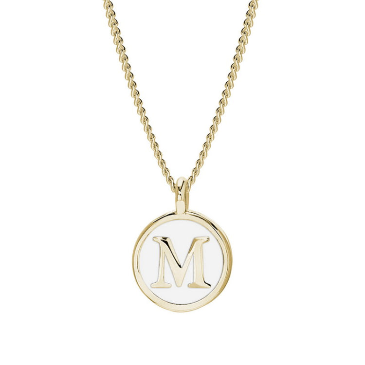Gold Finish Sterling Silver White Enamel Initial Necklace on 18" Curb Chain - M