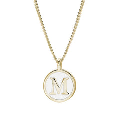 Gold Finish Sterling Silver White Enamel Initial Necklace on 18" Curb Chain - M