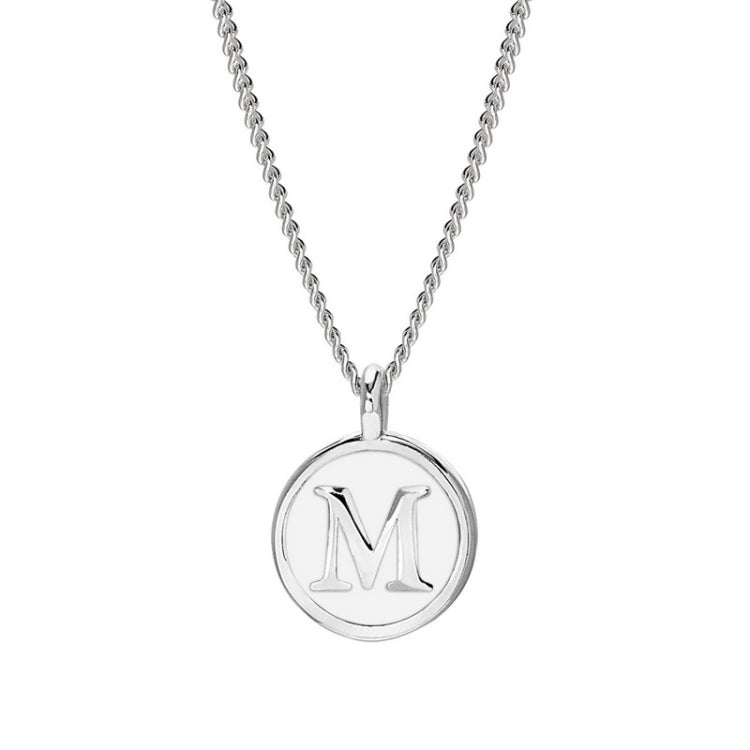 Rhodium Finish Sterling Silver White Enamel Initial Necklace on 18" Curb Chain - M