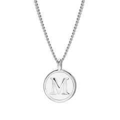 Rhodium Finish Sterling Silver White Enamel Initial Necklace on 18" Curb Chain - M