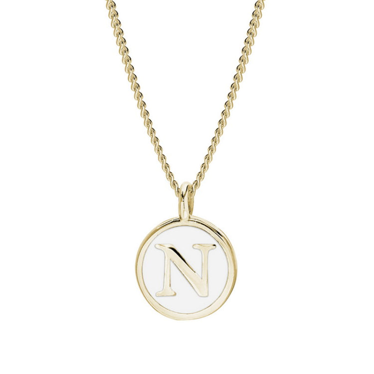 Gold Finish Sterling Silver White Enamel Initial Necklace on 18" Curb Chain - N