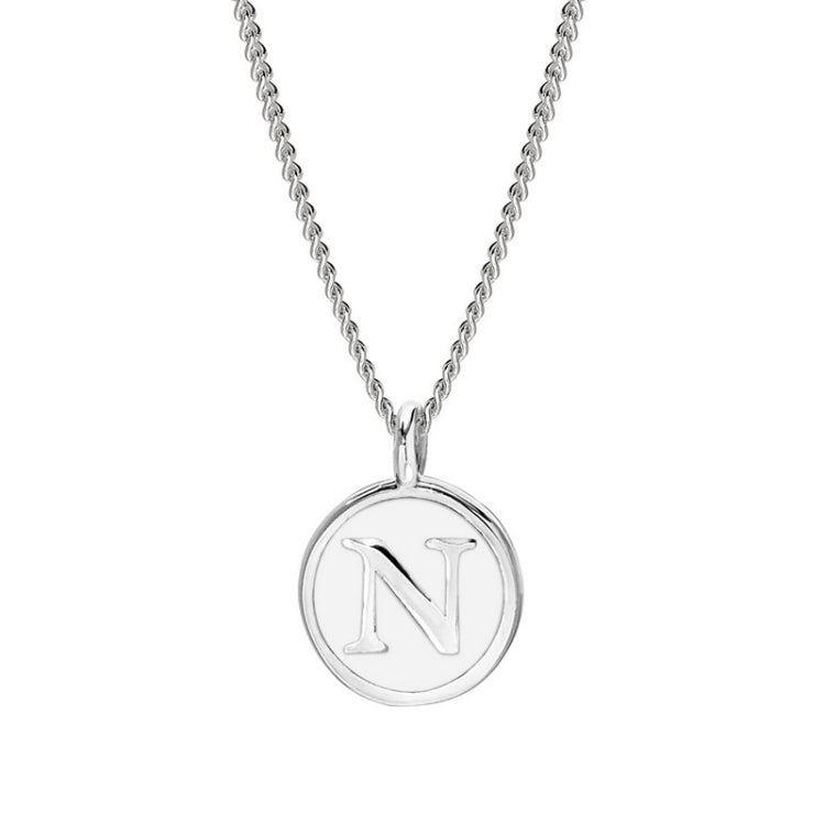Rhodium Finish Sterling Silver White Enamel Initial Necklace on 18" Curb Chain - N