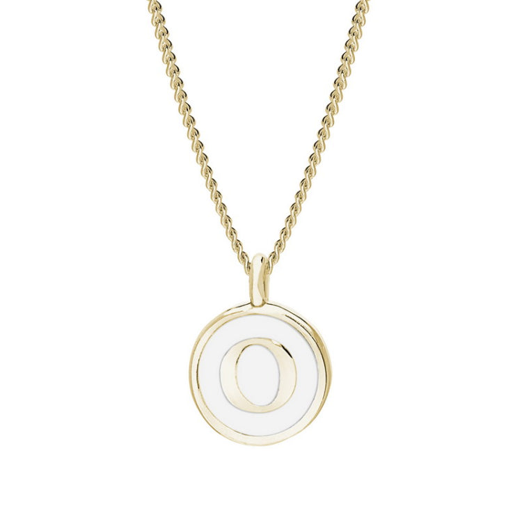 Gold Finish Sterling Silver White Enamel Initial Necklace on 18" Curb Chain - O