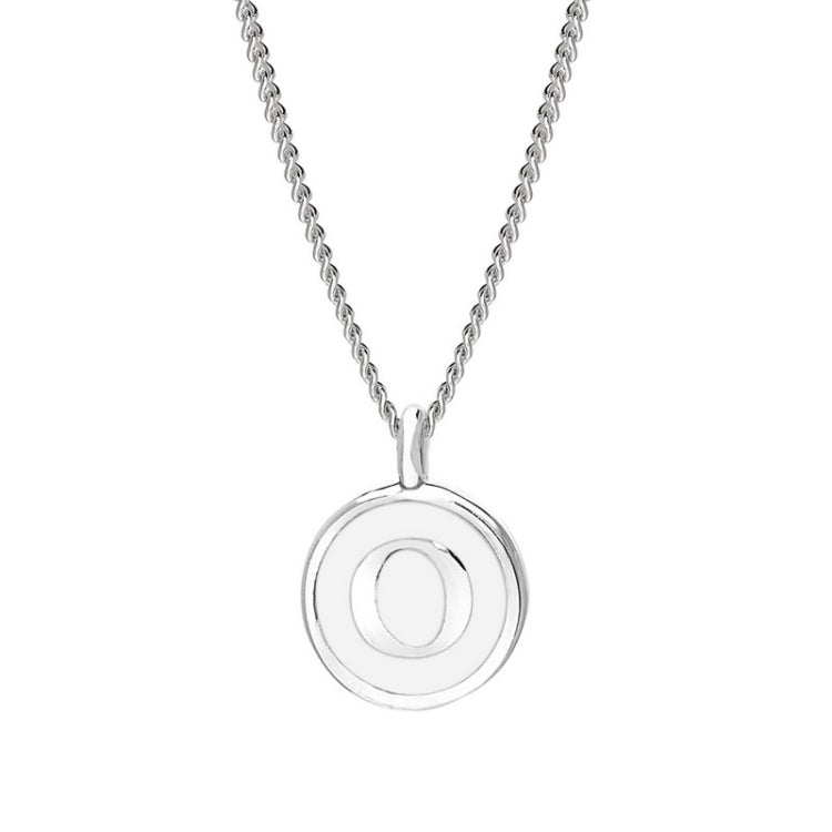 Rhodium Finish Sterling Silver White Enamel Initial Necklace on 18" Curb Chain - O