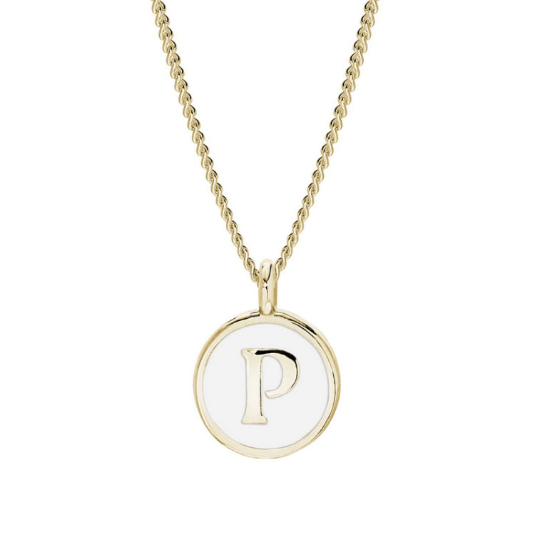 Gold Finish Sterling Silver White Enamel Initial Necklace on 18" Curb Chain - P