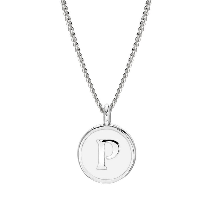 Rhodium Finish Sterling Silver White Enamel Initial Necklace on 18" Curb Chain - P