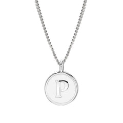 Rhodium Finish Sterling Silver White Enamel Initial Necklace on 18" Curb Chain - P