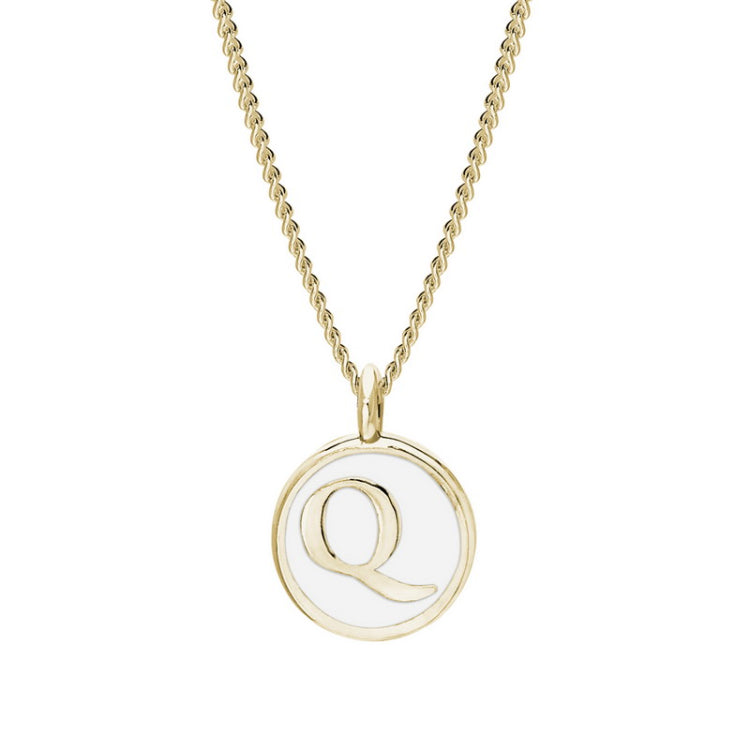 Gold Finish Sterling Silver White Enamel Initial Necklace on 18" Curb Chain - Q